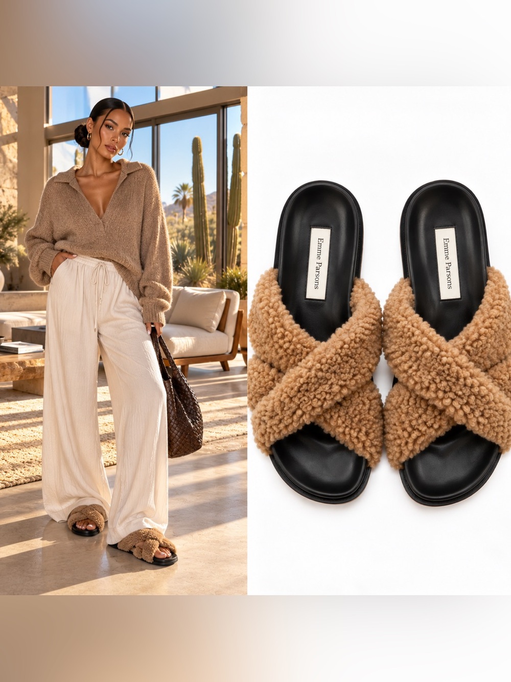 Emme Parsons Shearling Slides 36 Brown Teddy Criss Cross Designer Sandals